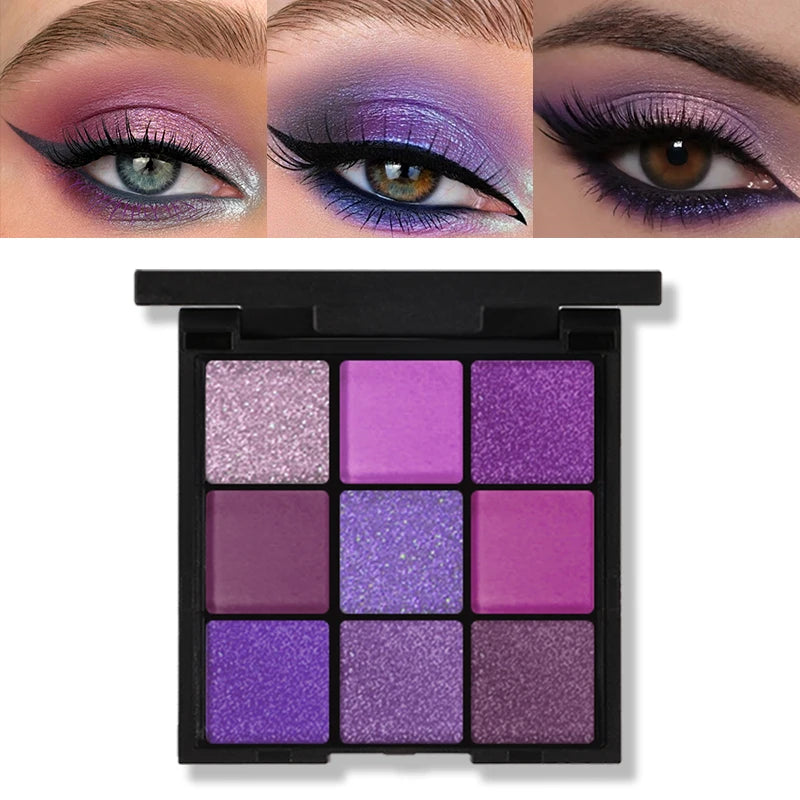 9-Grid Red Eyeshadow Palette – Purple Glitter, Pearlescent Matte & Shimmer Long-Lasting Eye Makeup for Women