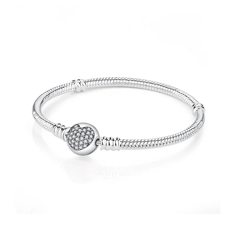 925 Sterling Silver Love Heart Charm Bracelet – Rose Gold Snake Chain Bangle for Women | DIY Luxury Bead Jewelry Accessories
