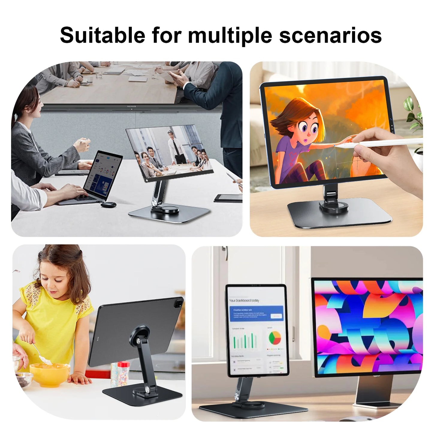 Black Magnetic 360° Rotatable Metal Stand – Stable Holder for 7–21.5" Monitors, iPad & iPhone, Supports up to 3KG