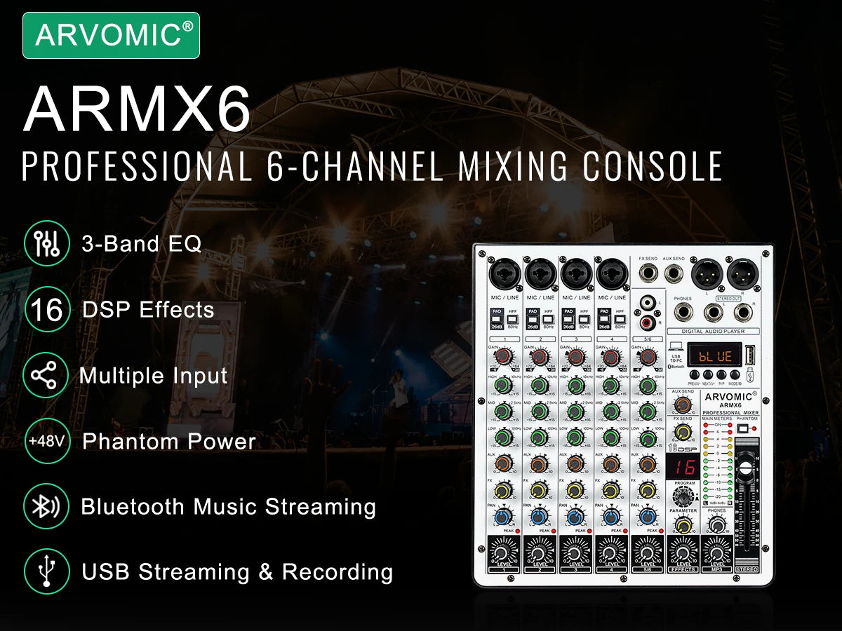 ARVOMIC 6 Channel DJ Audio Mixer – USB Interface, Bluetooth, 16 DSP Effects, 3-Band EQ (ARMX-6)