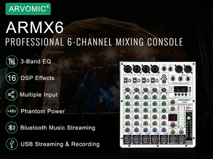 ARVOMIC 6 Channel DJ Audio Mixer – USB Interface, Bluetooth, 16 DSP Effects, 3-Band EQ (ARMX-6)