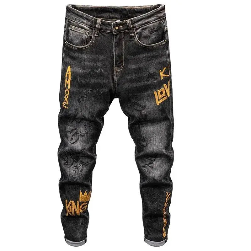 Luxury Korean Streetwear Slim Fit Denim Jeans – Punk Style with 3D Embroidery for Spring & Autumn