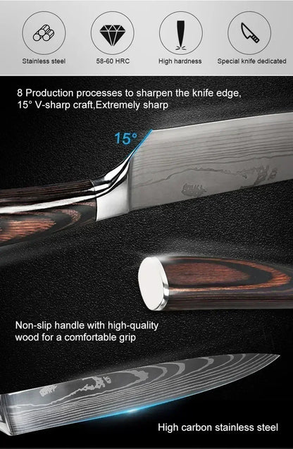 Laser Damascus Kitchen Knife Set – Cleaver, Meat, Fruit, Bread, Boning Knife and Chicken Scissors for Barbecue and Home Cooking