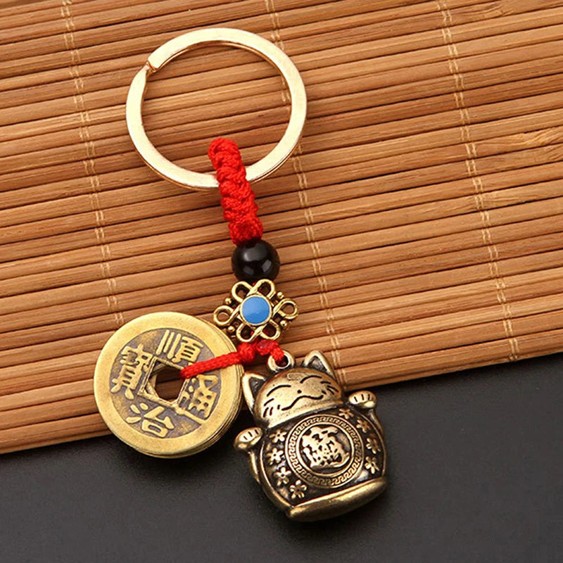 Vintage Lucky Cat Keychain - Handmade Feng Shui Five Emperors Coins Lucky Key Ring for Car Keys