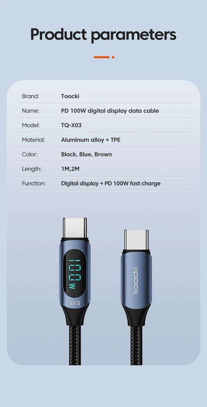 Toocki Type-C to Type-C Cable – 100W PD Fast Charging & Display Cable for Xiaomi POCO F3, Realme, MacBook, iPad