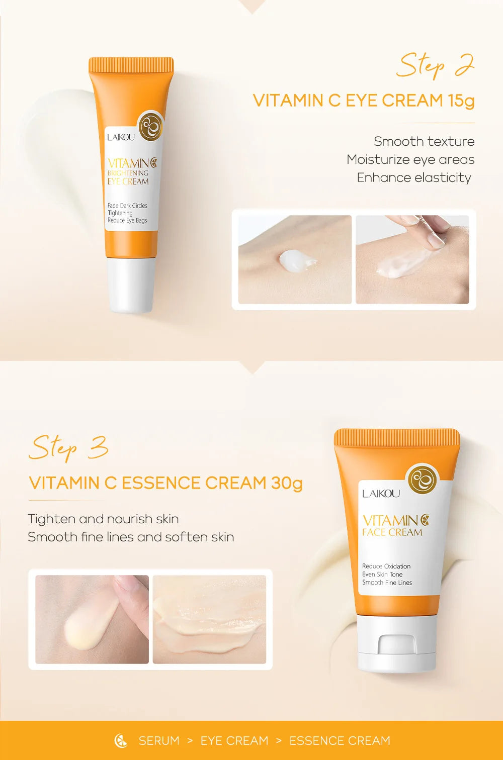 LAIKOU 3pcs Vitamin C & 24K Gold Sakura Skincare Set — Moisturizing Face Cream, Serum & Eye Cream, Anti-Wrinkle Face Care Kit