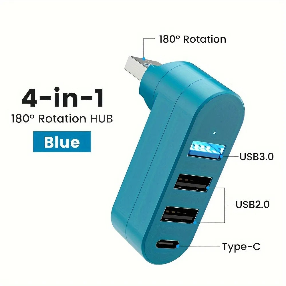 4-Port USB 3.0 Hub - Rotatable Multi-Port USB Data Transfer Expander for Laptop, MacBook & PC