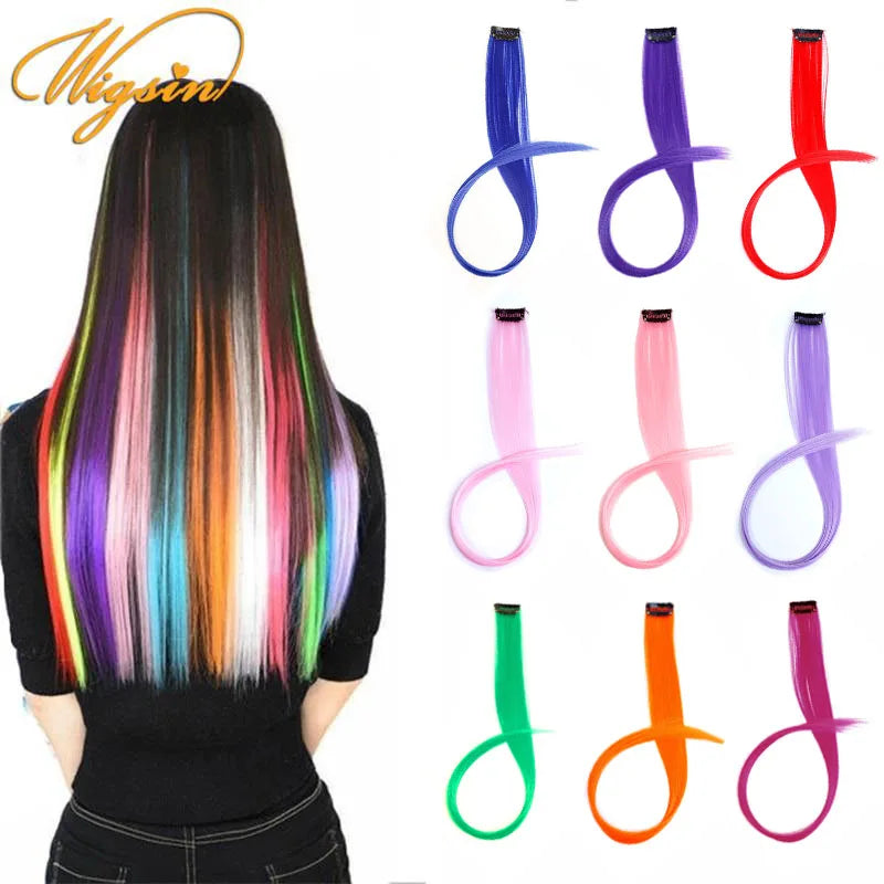 WIGSIN Synthetic Long Straight Rainbow Hair Extension – Colorful Purple Red Blue Hairpiece for Women