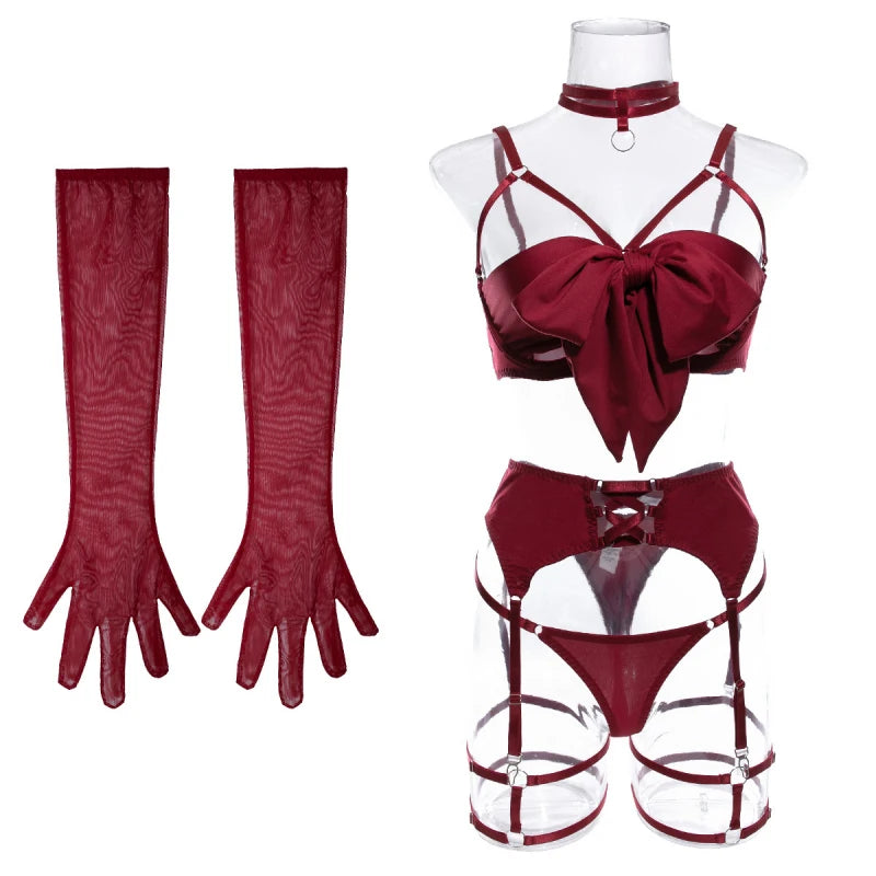 Push-Up Bikini Set - Hollow-Out Three-Piece Swimsuit with Garter Belt & Gloves