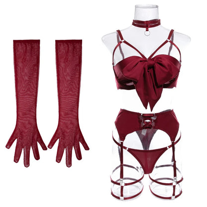 Push-Up Bikini Set - Hollow-Out Three-Piece Swimsuit with Garter Belt & Gloves
