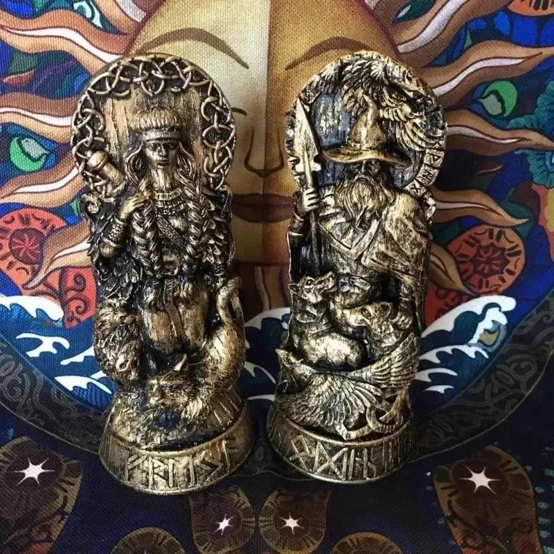 Nordic Gods Resin Figurine - Freya & Sol Viking God Sculpture Scandinavian Statue for Home Living Room Decor