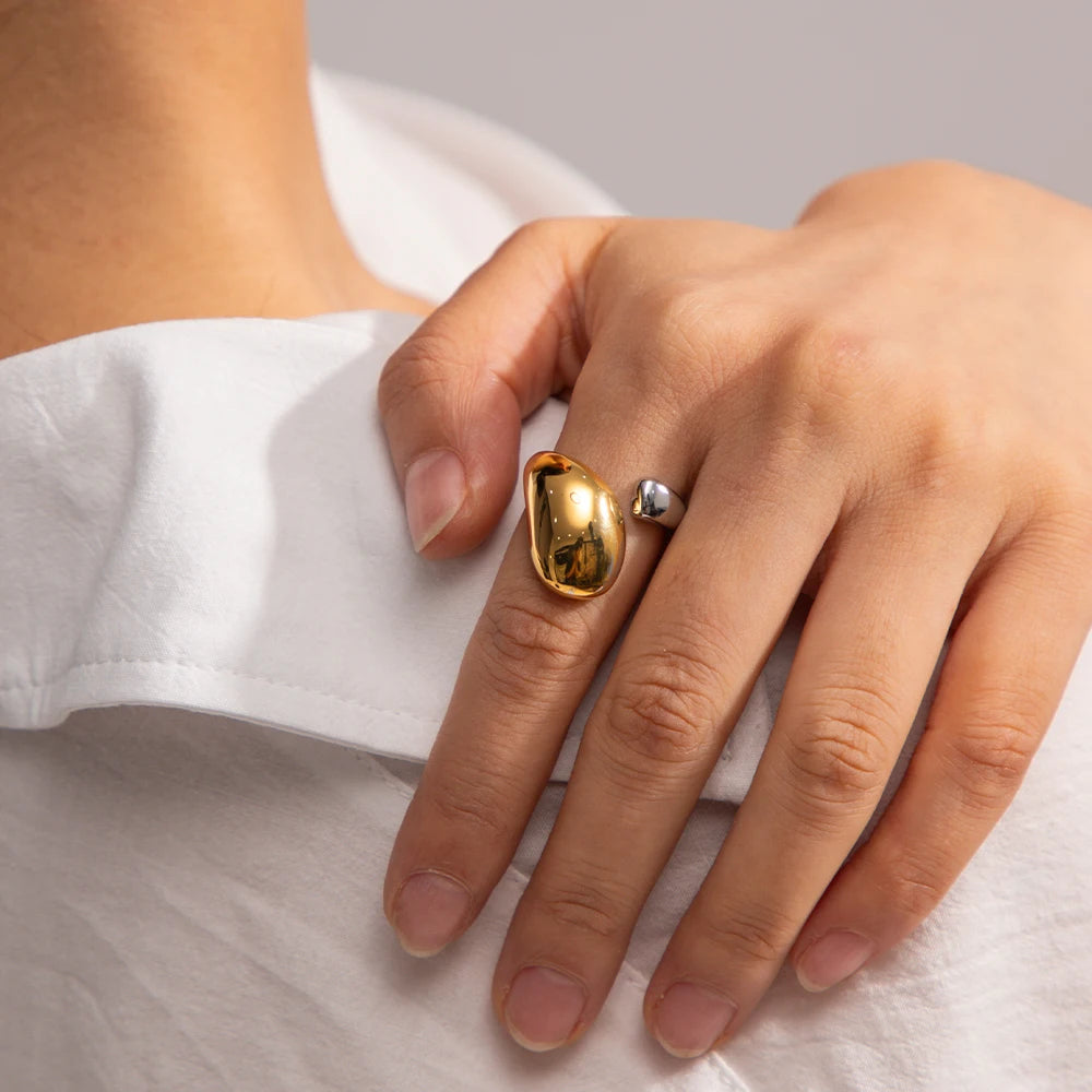 Vintage 18K Gold Plated Stainless Steel Ring – Double Line Irregular Open End Jewelry for Women