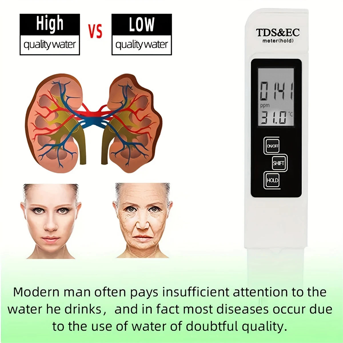 3-in-1 Water Quality Detection Pen – High Accuracy TDS & EC Meter for Household Drinking Water (0-9990ppm)