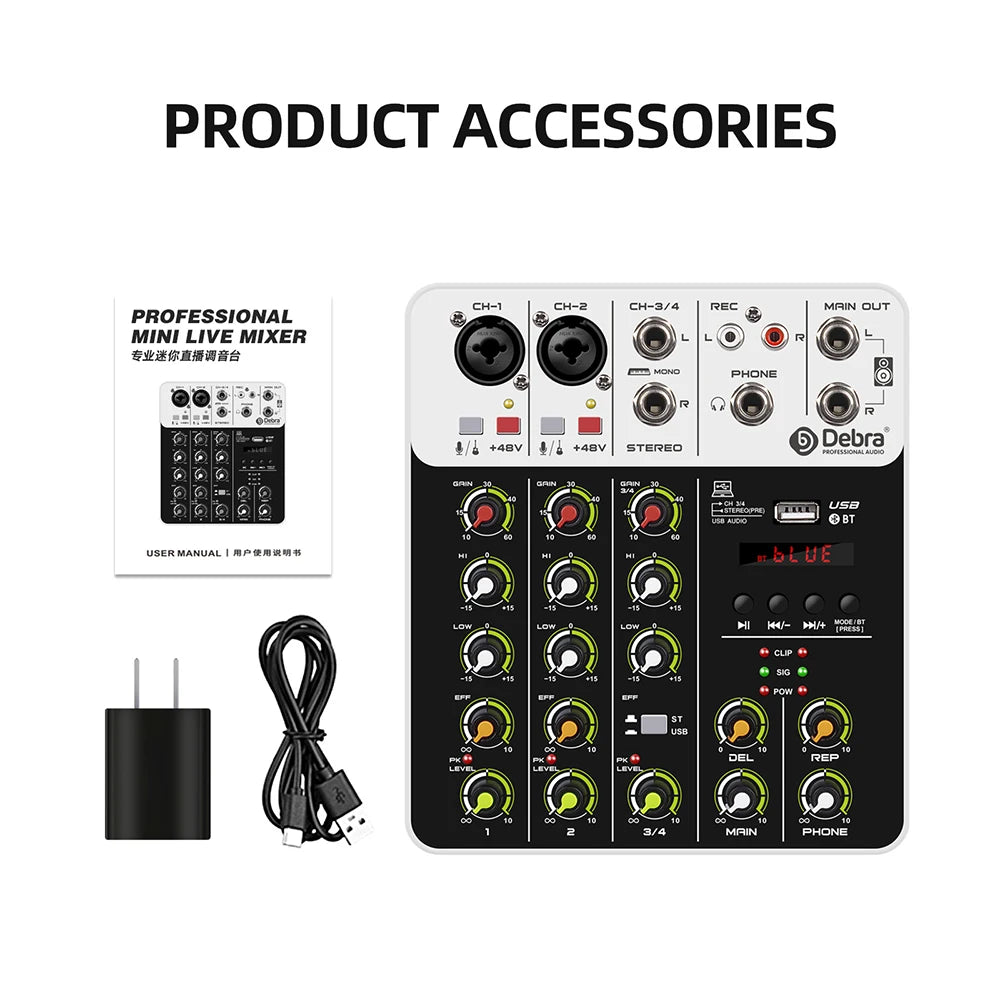 Debra V8 8-Channel Audio Mixer – Bluetooth & USB Mixer with 48V Phantom Power, Delay/Repeat Effects for PC Recording & Sound Console