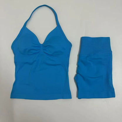 2-Piece Women’s Yoga Set – Seamless Longline Strappy Tank Top & Scrunch Sports Shorts, Summer Workout Gym Outfit