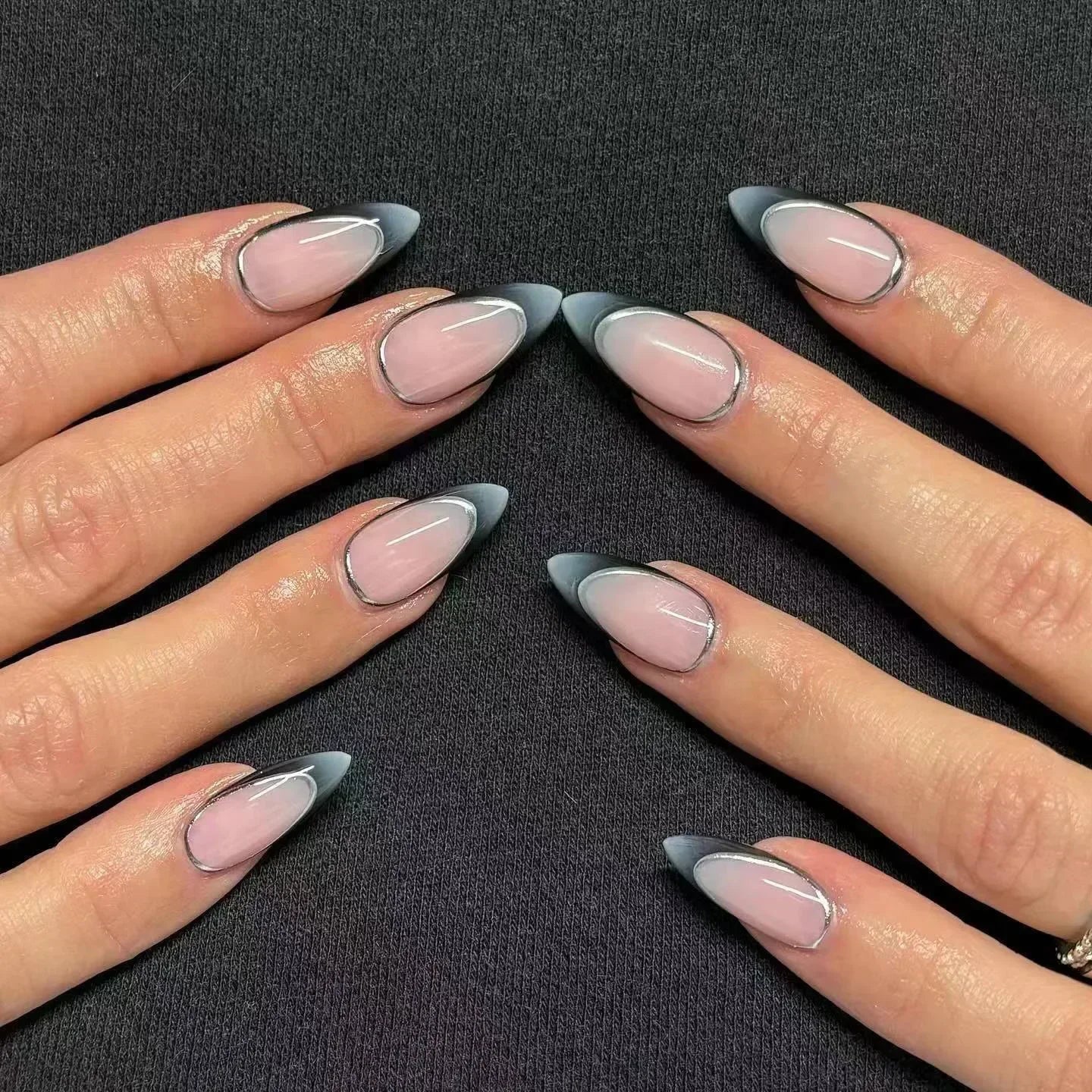 24Pcs French Press On Nails - Almond Fake Nail Tips with Glue, White Edge Design & Pink Stiletto Style Manicure Set