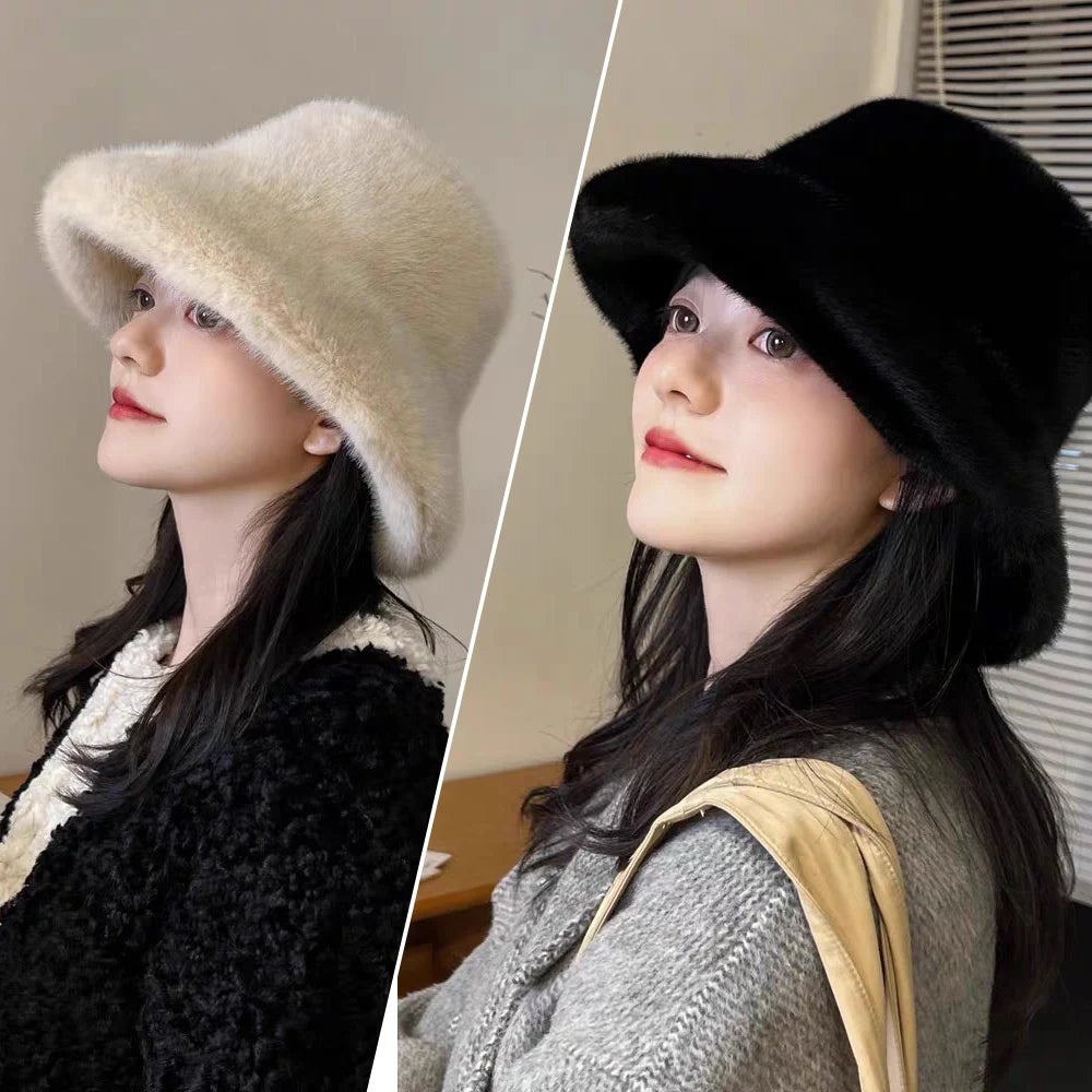 Fluffy Fur Fisherman Hat for Women – Winter Plush Ear Protection, Windproof Warm Solid Fashion Bucket Cap