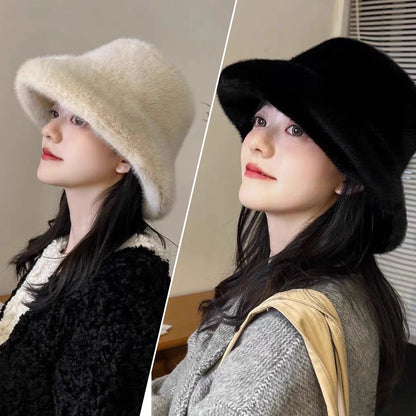 Fluffy Fur Fisherman Hat for Women – Winter Plush Ear Protection, Windproof Warm Solid Fashion Bucket Cap