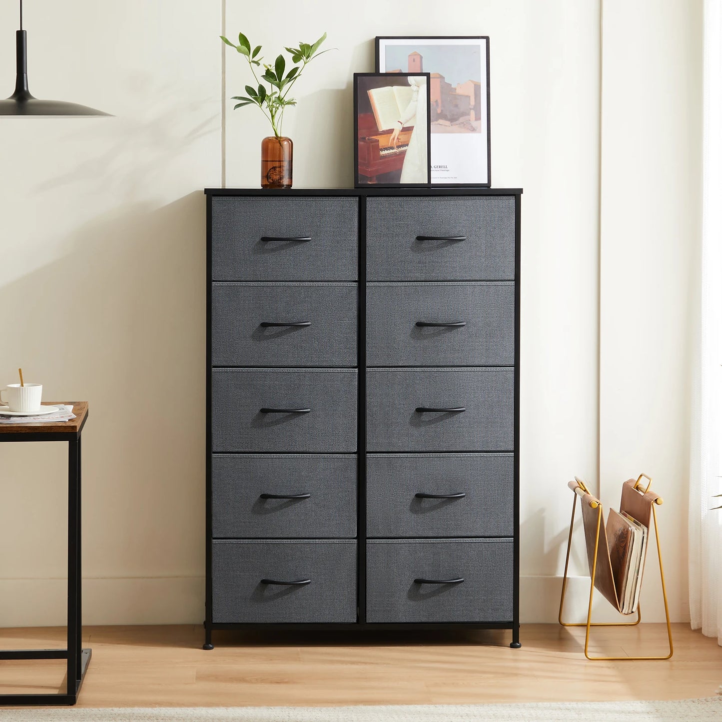 Bedside Table with 10 Fabric Drawers – Steel Frame Nightstand Storage Cabinet for Bedroom Clothes Organizer