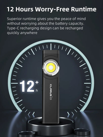 Klarus E5 COB Flashlight – Magnetic Dual Light Torch with 8 Lighting Modes, USB-C Rechargeable EDC Strobe for Emergency Use
