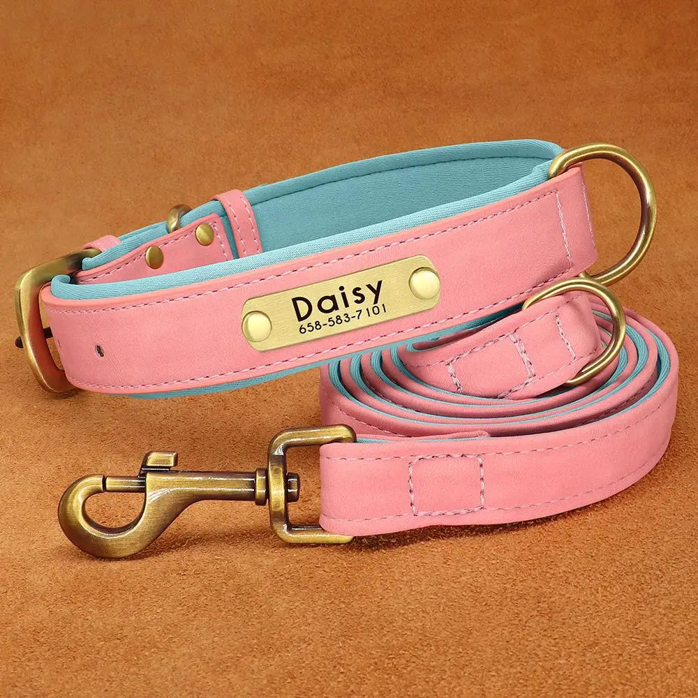 Customized Leather Dog Collar & Leash Set – Soft Padded Adjustable Collar for Small, Medium & Large Dogs with Engraved Nameplate