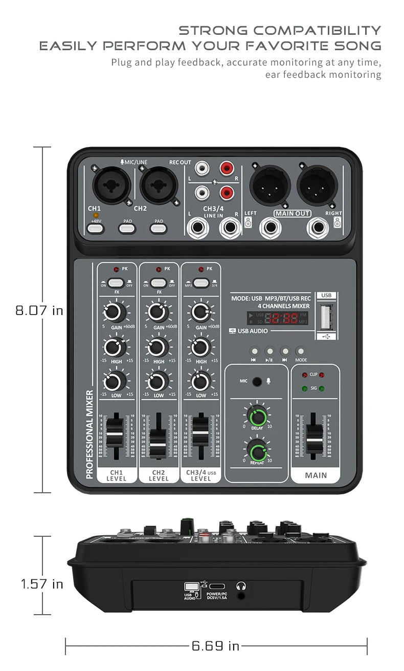 4-Channel Audio Mixer — USB Studio Mixer with 48V Phantom Power & Bluetooth for DJ & Karaoke