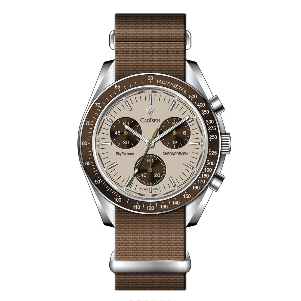 CADISEN Men's Luxury Watch – Quartz VK68 Chronograph, Sapphire AR Crystal, Canvas Strap Speed Style Wristwatch