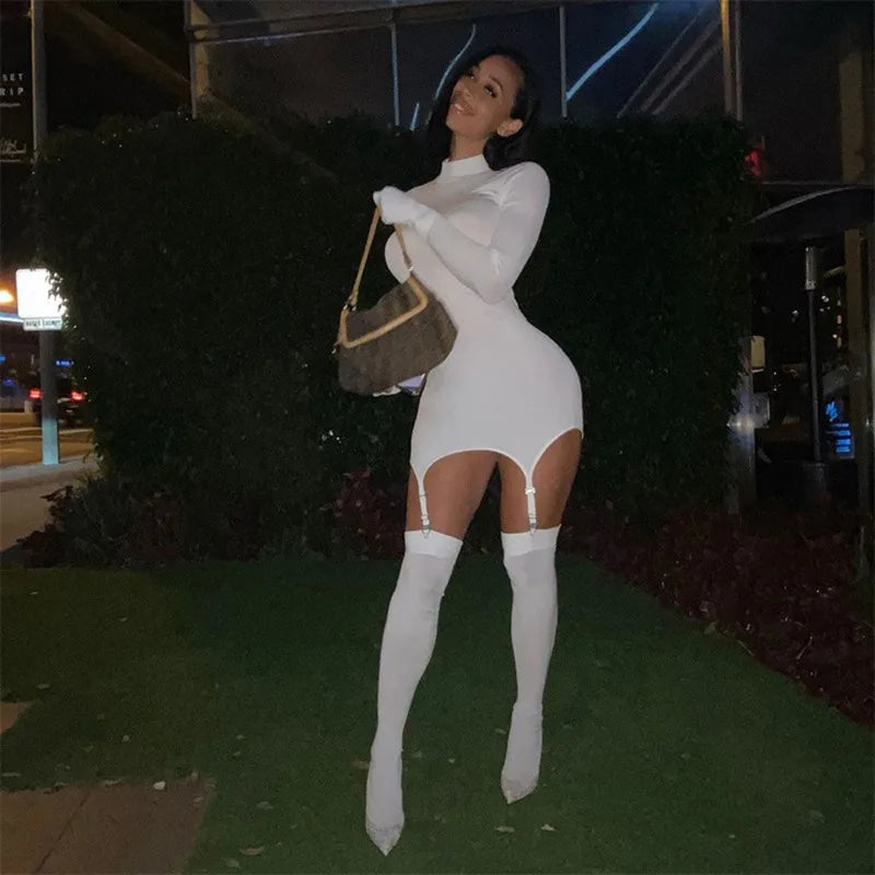 Women's Bodycon Mini Dress Set - Turtleneck Long Sleeve Dress with Gloves & Stockings