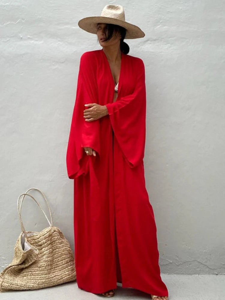 Women’s Solid Belted Wrap Kimono Beach Cover Up Dress – Swimsuit Robe Summer Beachwear 2025 New Casual Vacation Outfit