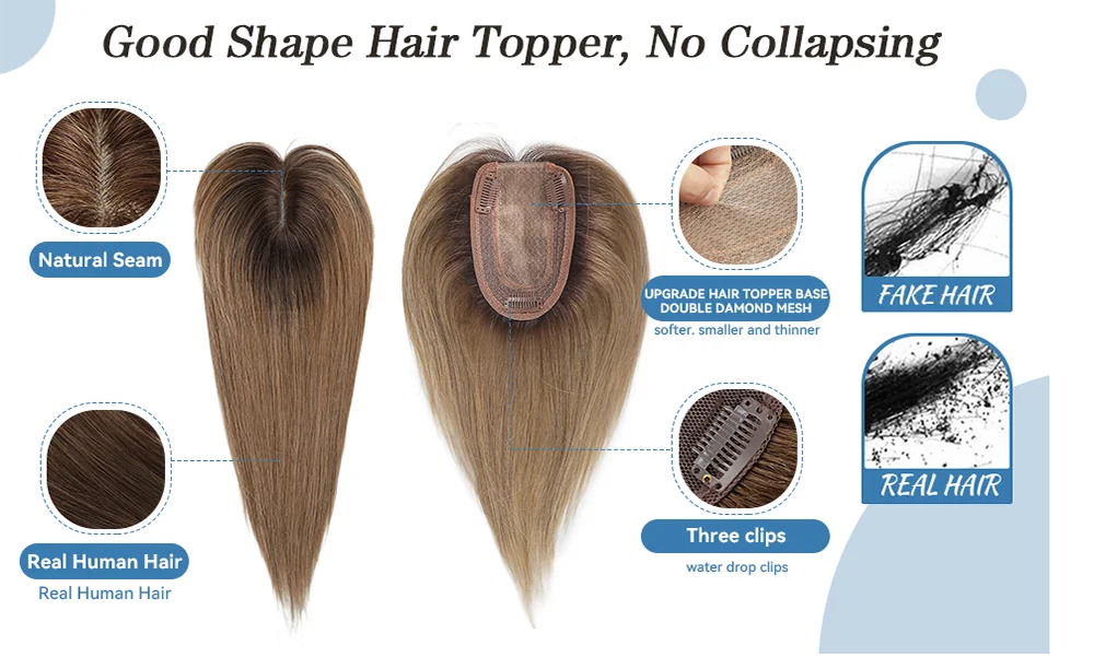 10" Brown Ombre Remy Human Hair Topper – Straight with Bangs, Silk Base, Clip-In Extension for Women