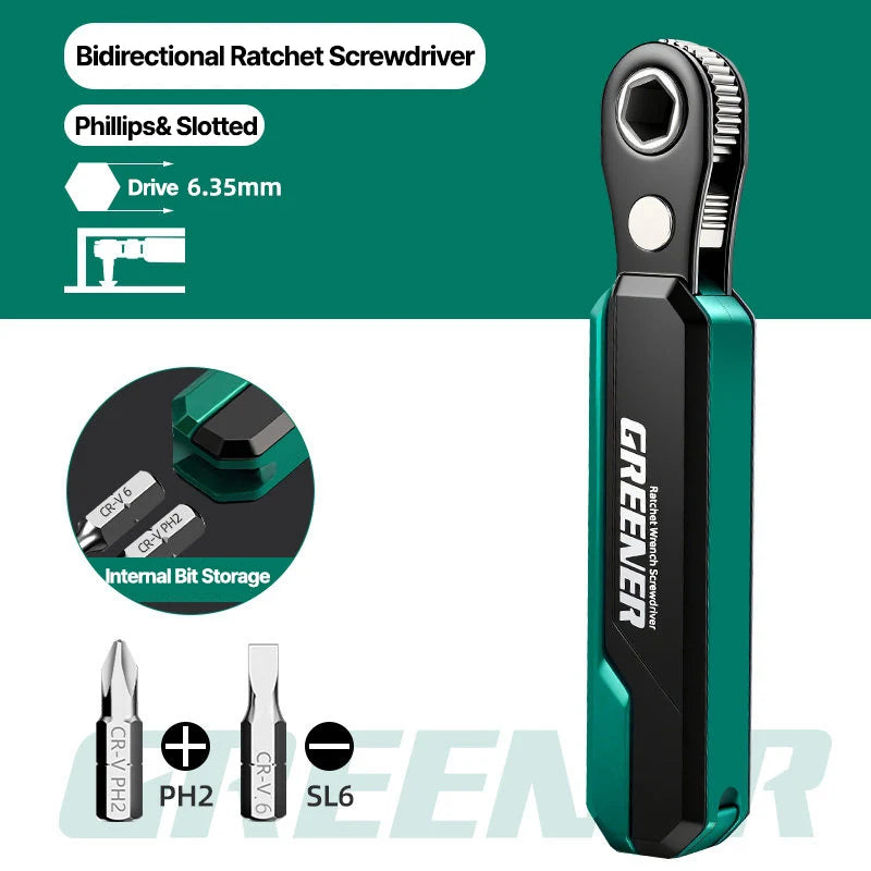 GREENER 72-Tooth Reversible Ratchet Wrench - 1/4-Inch Hex Drive Quick-Release CR-V Steel Tool for Auto & Home Repair