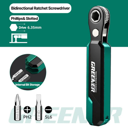 GREENER 72-Tooth Reversible Ratchet Wrench - 1/4-Inch Hex Drive Quick-Release CR-V Steel Tool for Auto & Home Repair