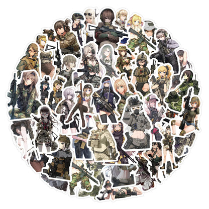 60-Piece Military Anime Girl Sticker Set - Waterproof Cartoon Graffiti Decals for Phones, Notebooks and Luggage