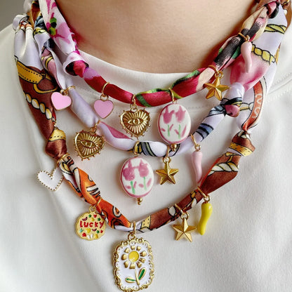 Bohemian Fabric Scarf Necklace - Sea Life, Heart & Floral Charm Pendant Vacation Jewelry Gift for Women