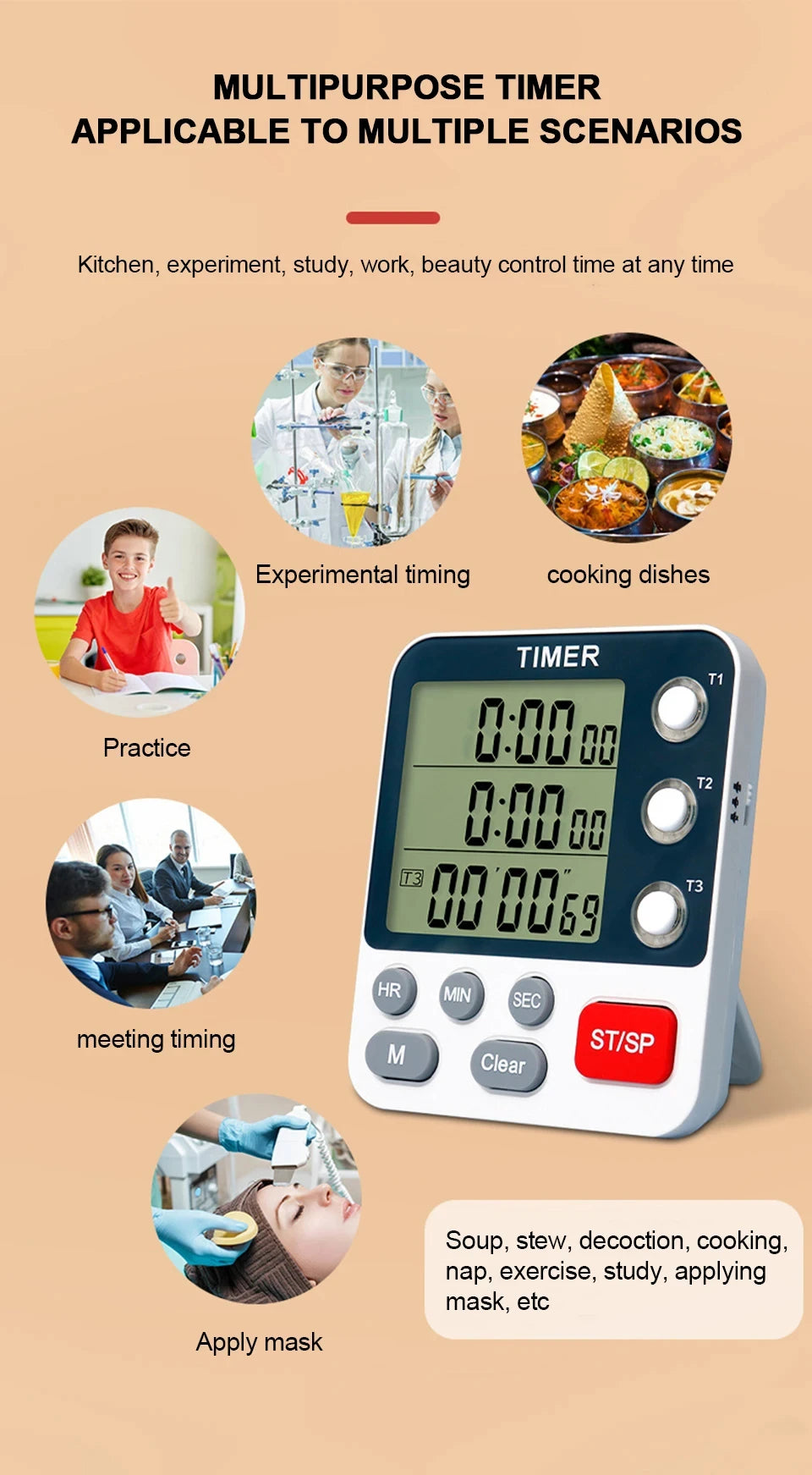 3 Channel Digital Kitchen Timer – Count Up/Down with LCD Display, Adjustable Volume & Mute Flashing Alarm