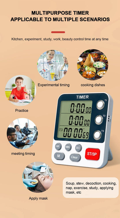 3 Channel Digital Kitchen Timer – Count Up/Down with LCD Display, Adjustable Volume & Mute Flashing Alarm
