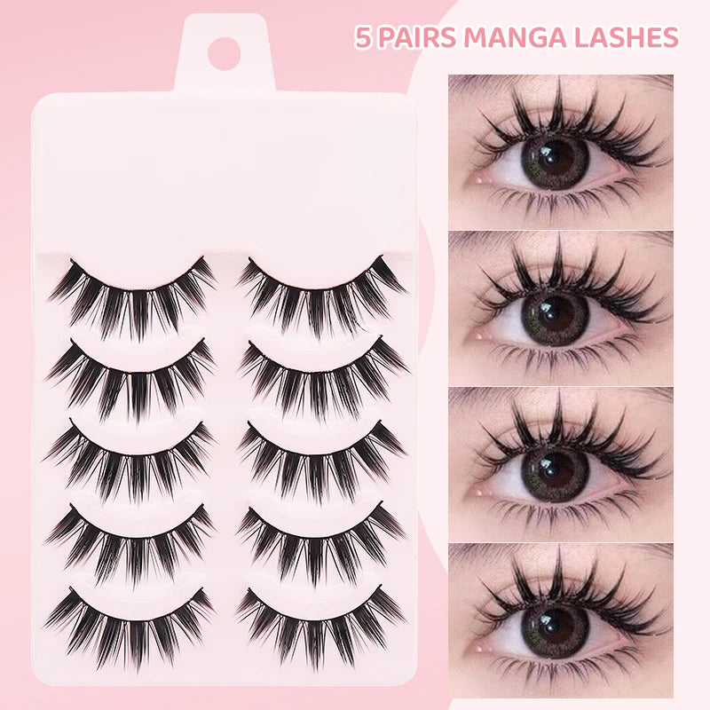 DINGSEN 5 Pairs Manga Style False Eyelashes — Soft, Natural, Long Anime Wispy Strip Lashes for Makeup