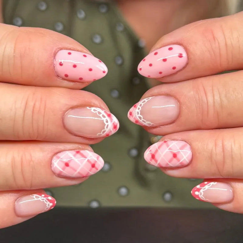 24Pcs French Press On Nails - Almond Fake Nail Tips with Glue, White Edge Design & Pink Stiletto Style Manicure Set