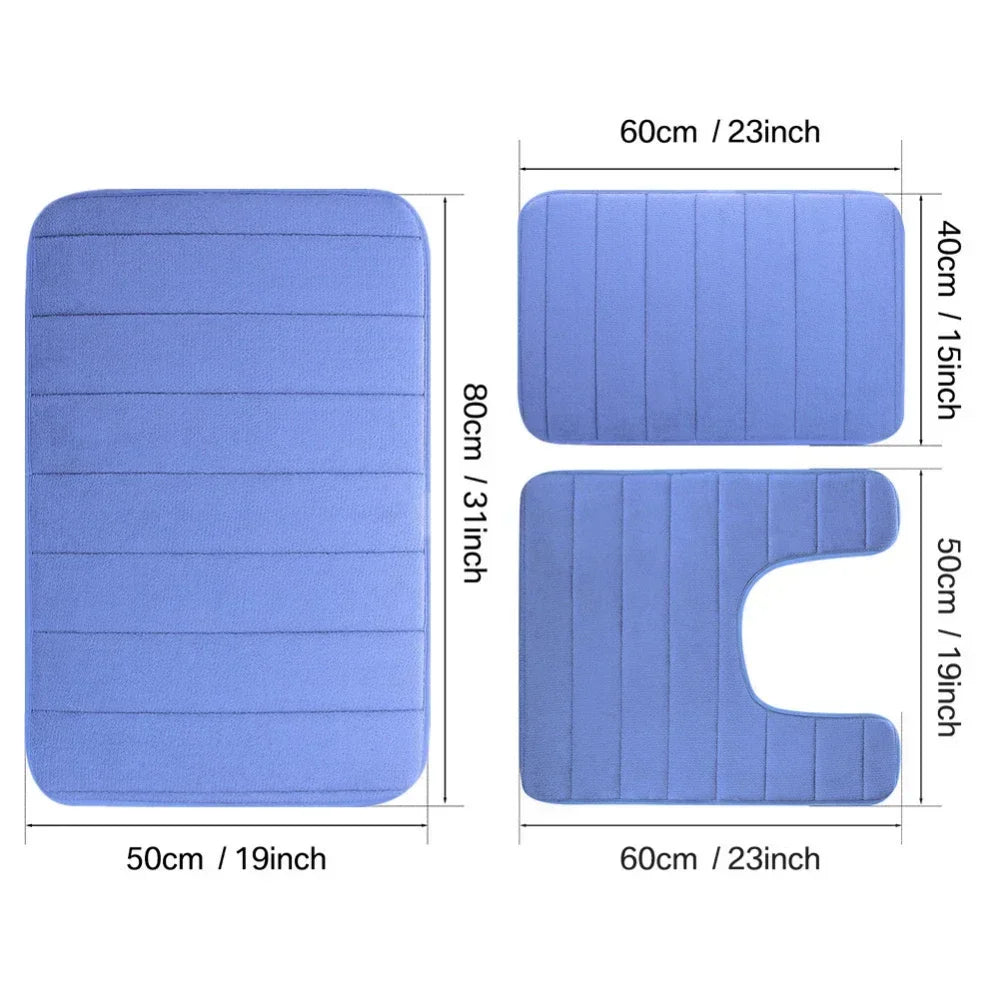 3PC Set Non-Slip Memory Foam Bath Mats - Soft, Water Absorbent, Quick-Dry, Machine Washable Floor Rugs