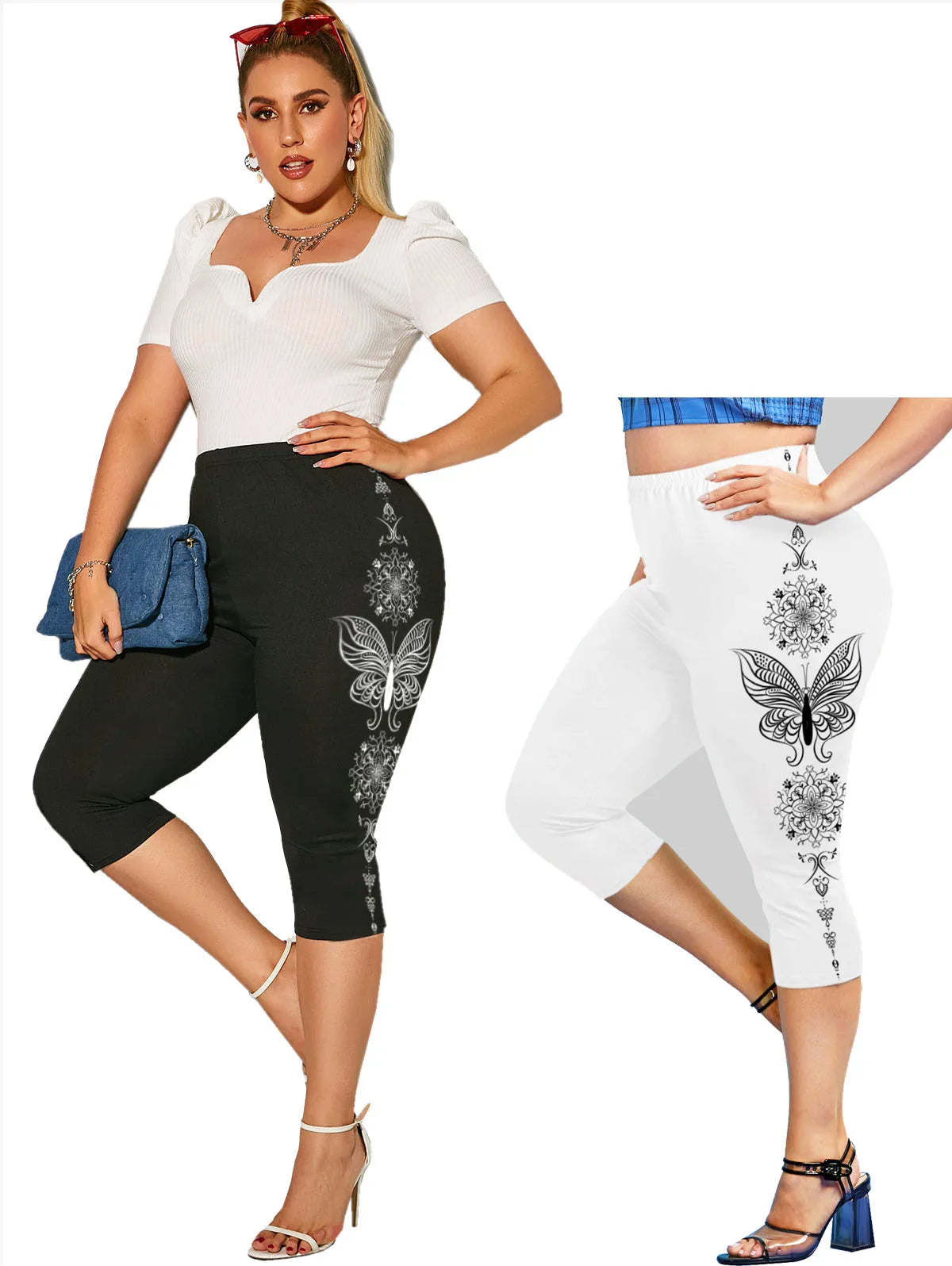 Plus Size Women High Waist Capri Leggings 5XL, Body Shaping Yoga Jeggings, 3D Printed Skinny Stretch Pencil Pants Casual Wear
