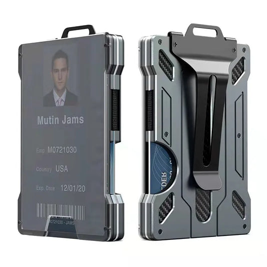 Minimalist Men’s Wallet – Slim RFID-Blocking Aluminum Money Clip with Clear ID Holder, Ultra-Thin Carbon Fiber Design