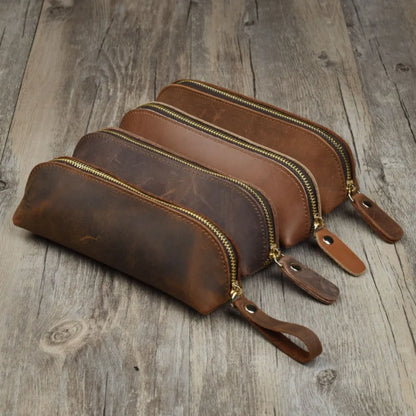 Vintage Leather Pencil Bag – Simple Zipper Pen Case & Stationery Holder Pouch for School Supplies, Glasses & Storage