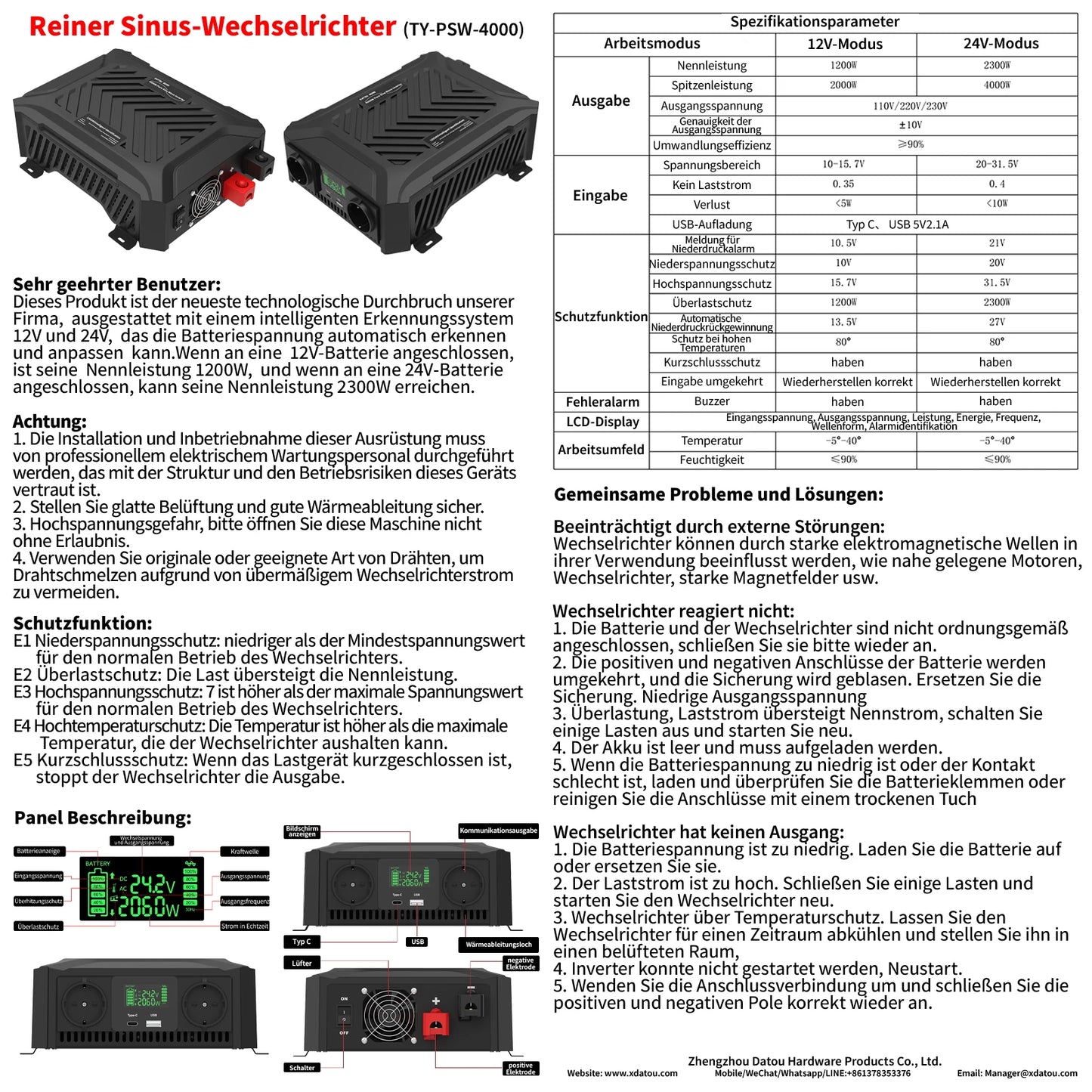 DATOU BOSS Pure Sine Wave Inverter — 12V/24V to 220V, 1200W-2300W, Peak 4000W