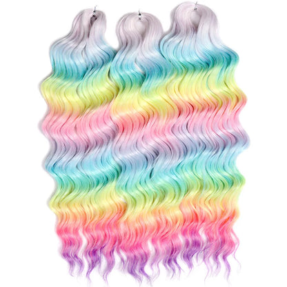FASHION IDOL 24" Deep Wave Crochet Hair - 3-Piece Synthetic Water Wave Braiding Extensions, Ombre Rainbow Twist Hair