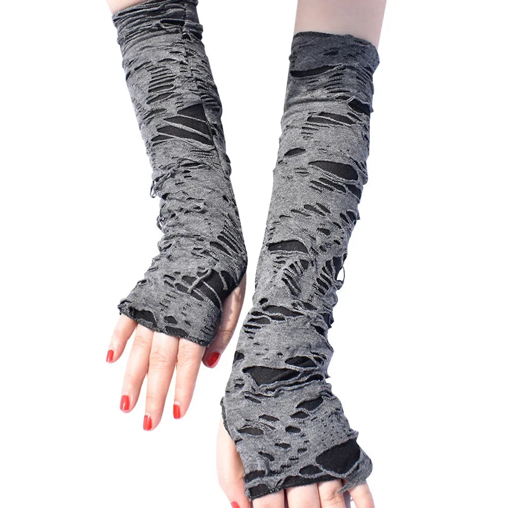 Gothic Fingerless Ripped Gloves - Black Slit Halloween Cosplay Gloves for Adults