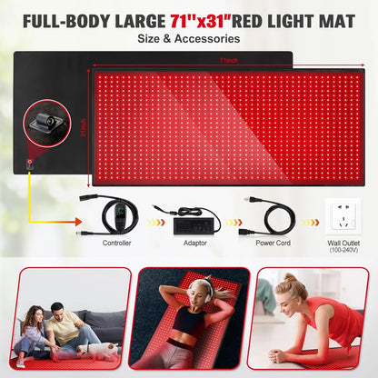 1280 LED Red Infrared Light Therapy Mat – 71"x31" Full Body Pad for Pain Relief, 660nm & 850nm Red Light Therapy Blanket
