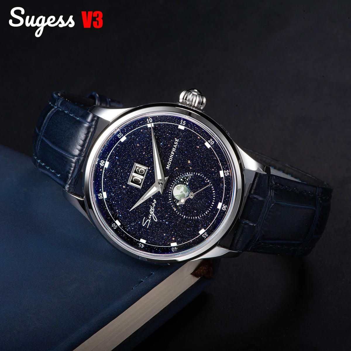 Sugess Moonphase Men’s Automatic Mechanical Watch — 40MM Stainless Steel with Seagull ST2528 Movement and Blue Sandstone Dial