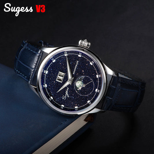 Sugess Moonphase Men’s Automatic Mechanical Watch — 40MM Stainless Steel with Seagull ST2528 Movement and Blue Sandstone Dial
