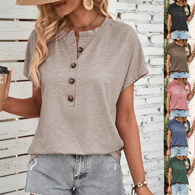 Women’s Summer Button T-Shirt - Solid Color Short Sleeve Loose Fit Casual Top LRFZ-2239