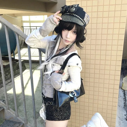 Y2K Fake Two-Piece Knitted Hooded Jacket, Vintage Harajuku Grunge Aesthetic 2000s Streetwear Top for Men & Women